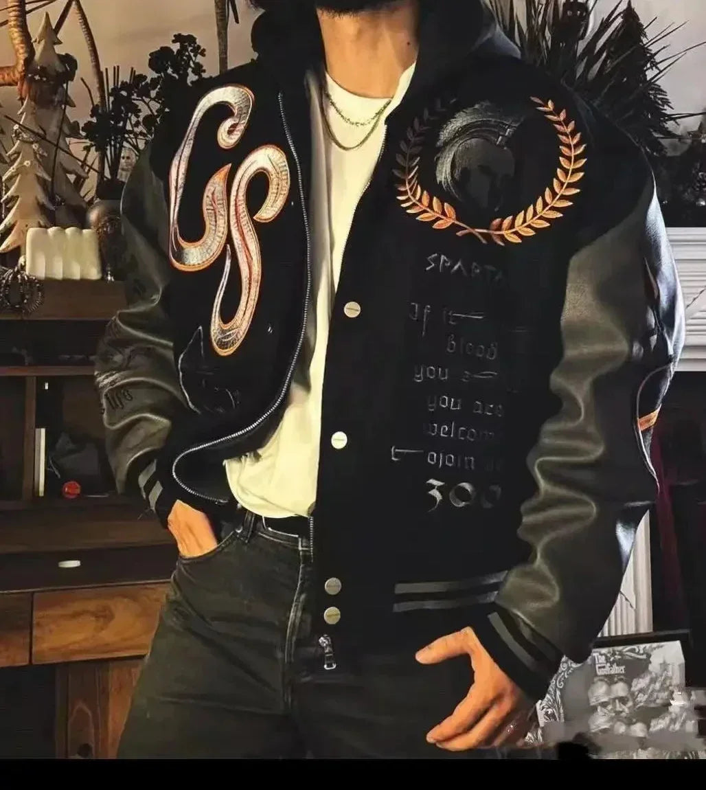 Embroidery Baseball Bomber Jacket Men Spring Autumn Varsity Jacket Spliced Leather Sleeves Streewear Baseball Coats Men Clothes