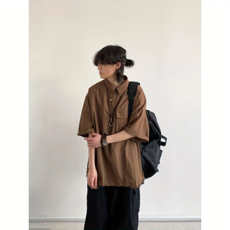 2024 New Summer Japanese Mens Set Harajuku Mid Sleeved Trendy Shirt+ Wide-leg Cargo Pants 2-pcs Thin Casual College Male Suit