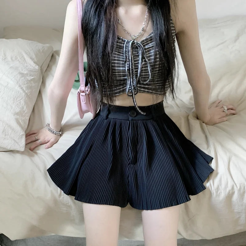 Solid Shorts Women Summer Folds All-match High Waist Stylish Popular Aesthetic Fashion Korean Style Шорты Женские Летние Chic