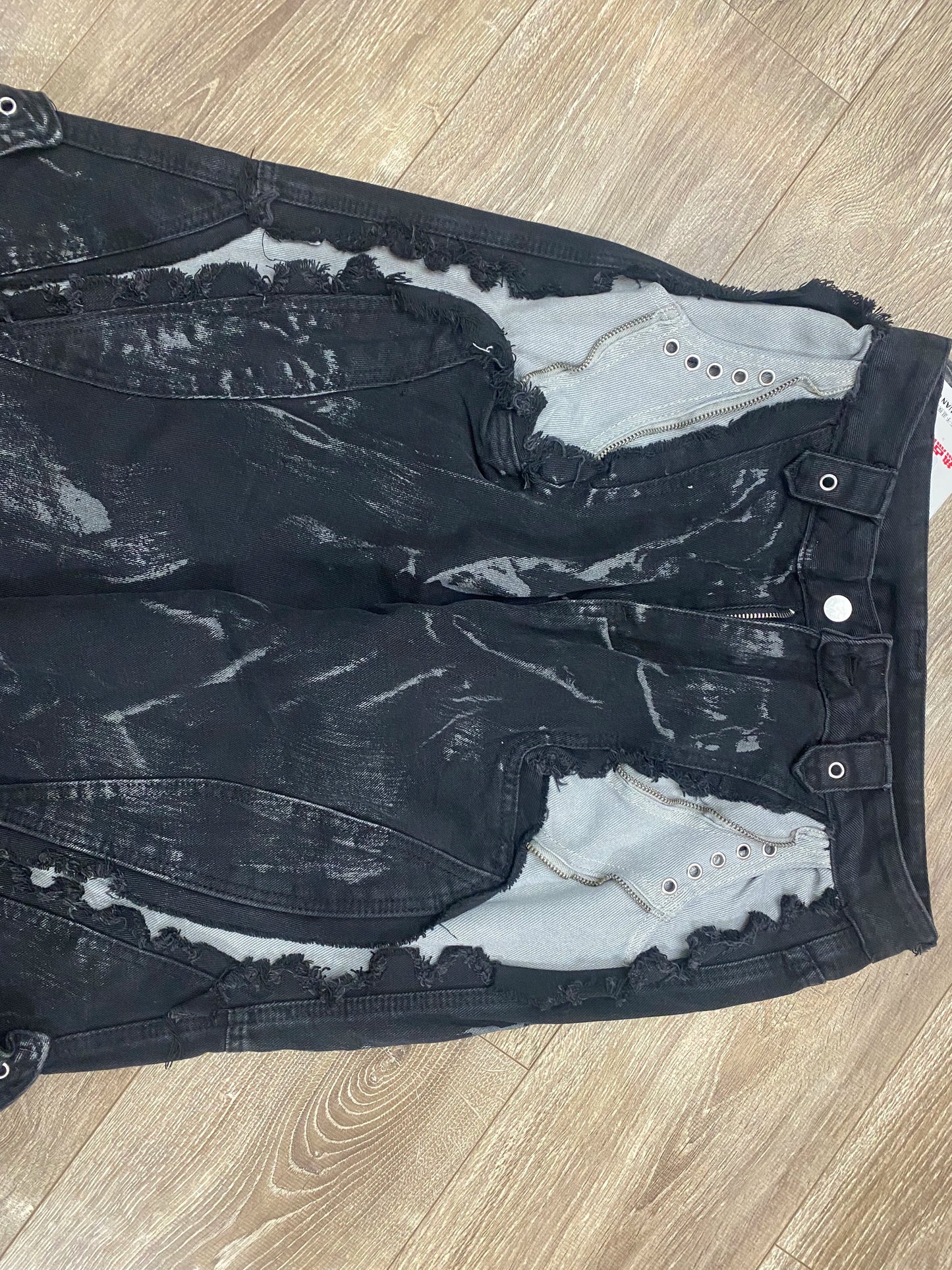 High Street Men's Denim Trousers Patchwork Contrast Color Drawstring Raw Edge Dirty-dying Worn-out Male Jeans New
