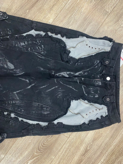High Street Men's Denim Trousers Patchwork Contrast Color Drawstring Raw Edge Dirty-dying Worn-out Male Jeans New