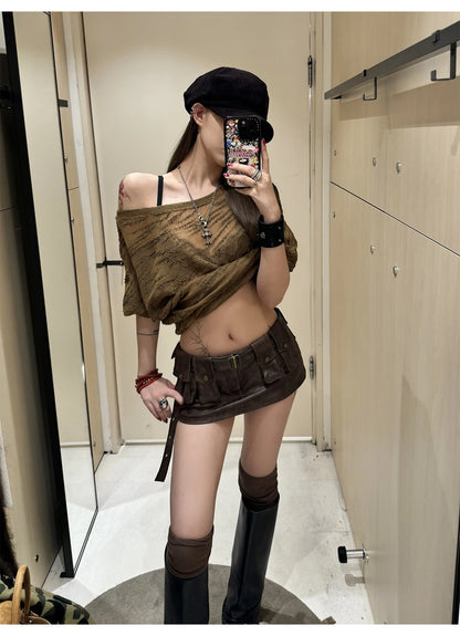 Lautaro Spring Summer Cool Sexy Vintage Distressed Brown Pu Leather Mini Skirt Women Three-dimensional Pockets Belt Streetwear