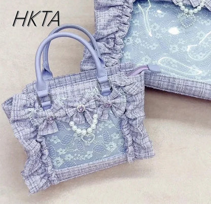 Japanese Style Mine Bags Women Ruffled Lace Lolita Girls Rhienstone Pearl Bowknot Square Tote Shoulder Portable Bolso Handbags
