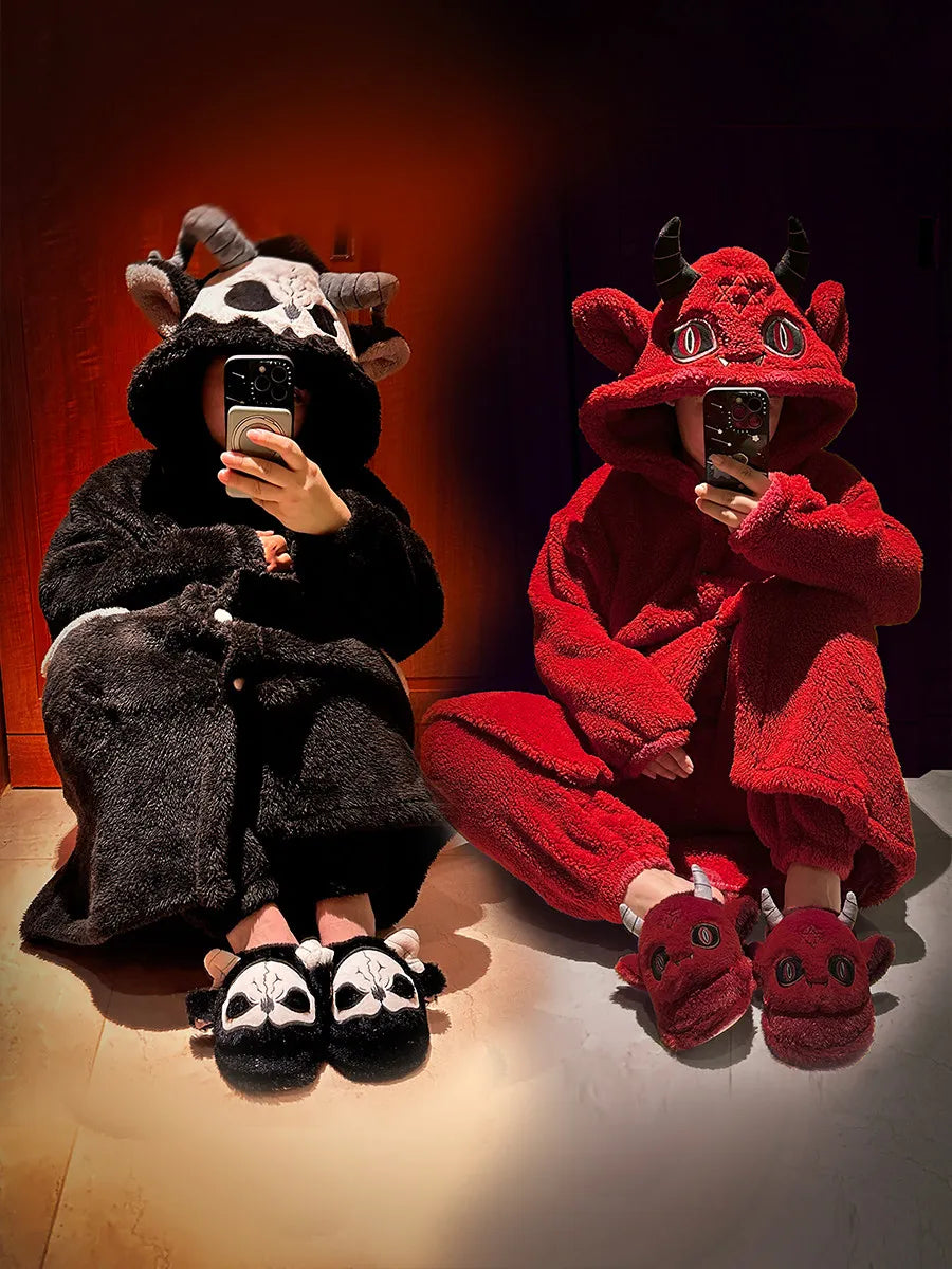 Virtual Alice Dark Gothic Demon Death Skull Horned Hooded Robe Thickened Coral Fleece Winter Warm Long Sleepwear Loungewear
