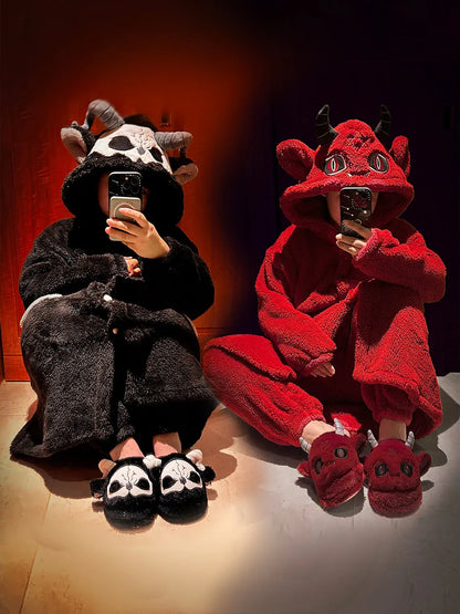 Virtual Alice Dark Gothic Demon Death Skull Horned Hooded Robe Thickened Coral Fleece Winter Warm Long Sleepwear Loungewear