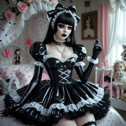 Women's Black PVC Lolita Ruffle Party Dress