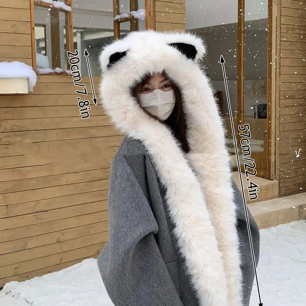 2025 New Women's Plush Fox Ear Bucket Hat Windproof Integrated Cap Scarf Trendy Cute Plush Neck Warm Hat Scarf Balaclava Hat