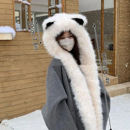 2025 New Women's Plush Fox Ear Bucket Hat Windproof Integrated Cap Scarf Trendy Cute Plush Neck Warm Hat Scarf Balaclava Hat