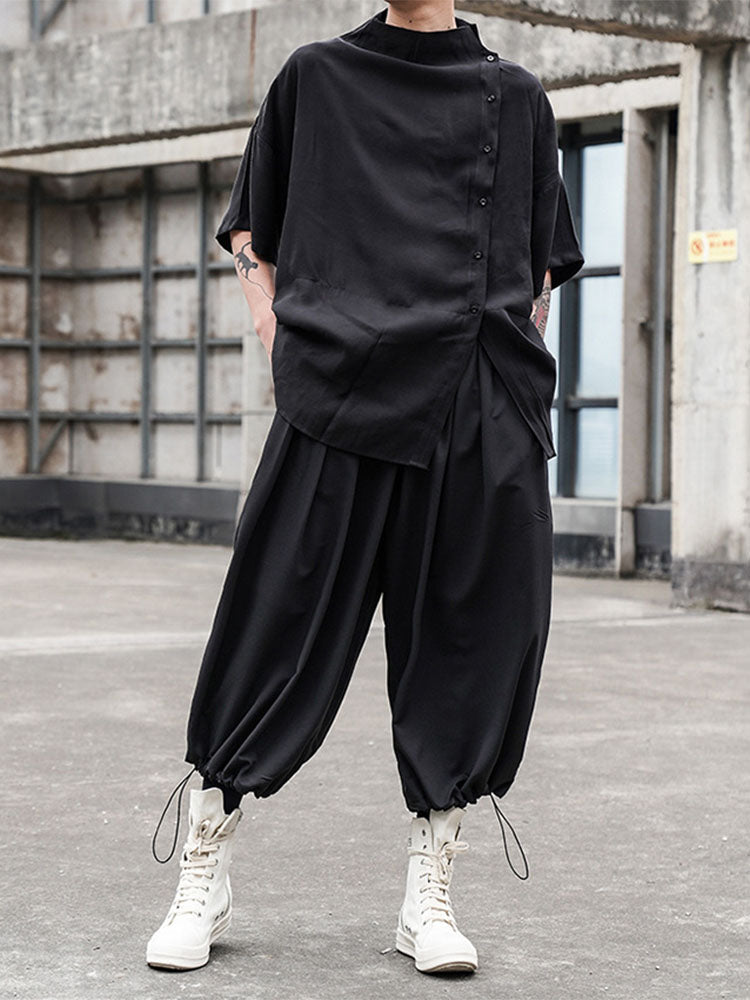 Japanese Stylish Retro Harajuku Button Blouses Men's Five-point Sleeve Small Stand Collar Loose Large Size Korean Shirt