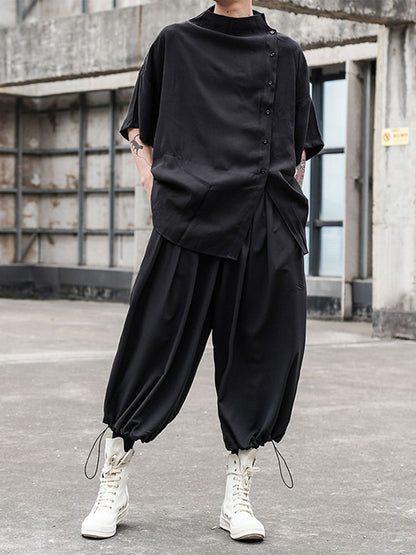 Japanese Stylish Retro Harajuku Button Blouses Men's Five-point Sleeve Small Stand Collar Loose Large Size Korean Shirt