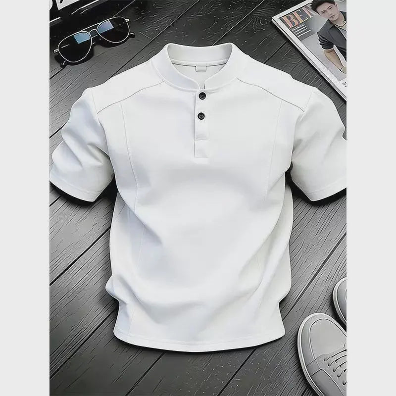 White Henry Collar  Shirt Men's Summer Splice Design Short Sleeve Cleanfit Heavyweight Half Sleeve Business Casual T-Shirt