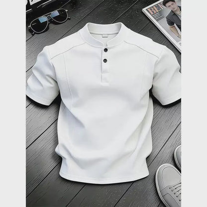 White Henry Collar  Shirt Men's Summer Splice Design Short Sleeve Cleanfit Heavyweight Half Sleeve Business Casual T-Shirt
