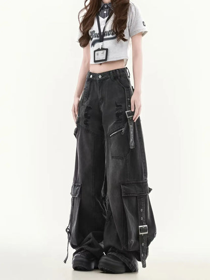 American Gothic Heavy-Industry Multi-Pocket Ripped Black Jeans Retro Fashion Men and Women Loose Wide Legs Casual Pants