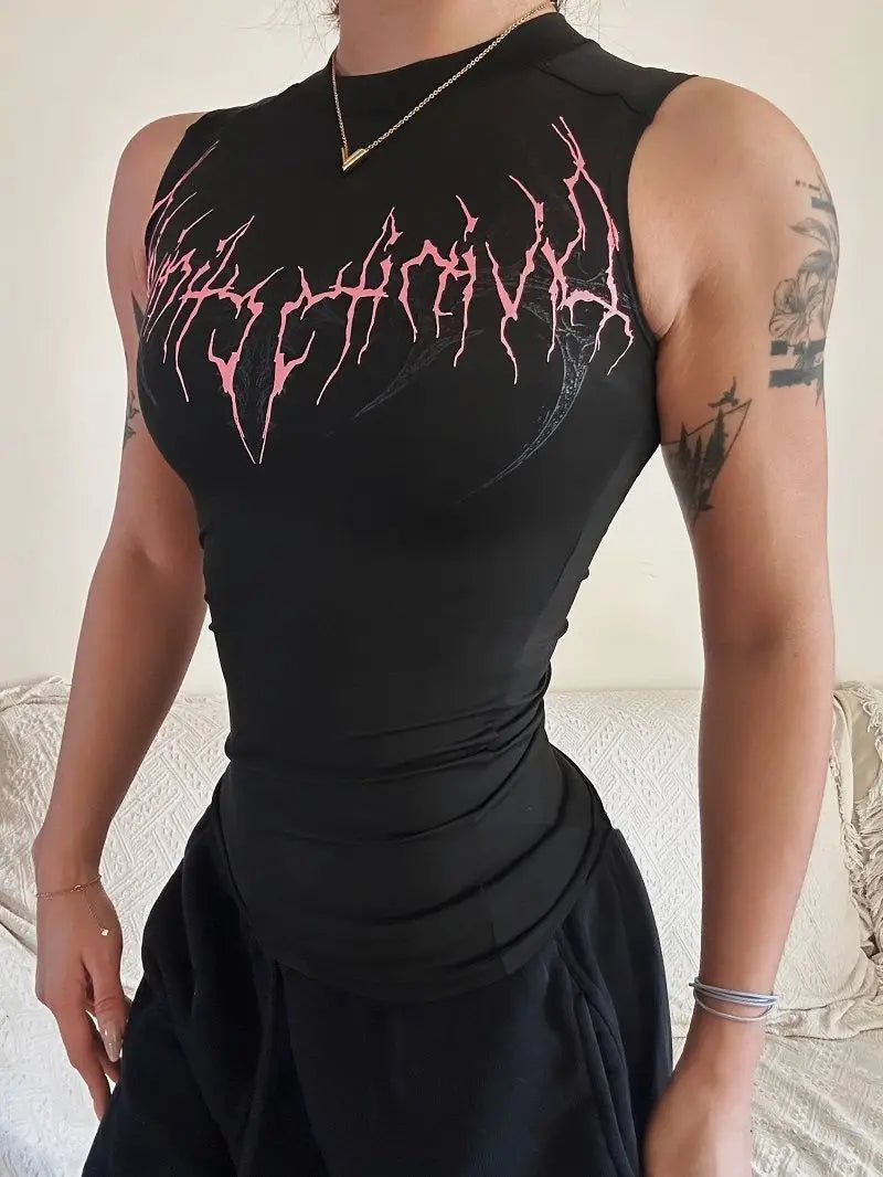 2026 New Gothic Style High Elastic Fitness Sports Sleeveless Printed Slimming Close-Fitting Vest Women's Summer Sportswear