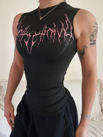 2026 New Gothic Style High Elastic Fitness Sports Sleeveless Printed Slimming Close-Fitting Vest Women's Summer Sportswear