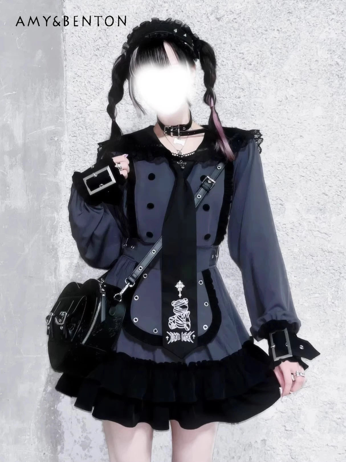 Women's Gothic Navy-Collar Maid Dress Set