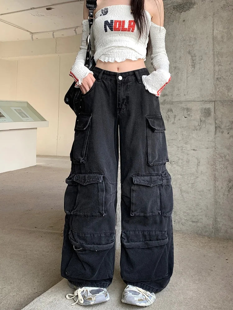Trashy Y2K 2000S Streetwear Washed Black Baggy Jeans Cargo Pants For Women - APEX RITUAL women's jeans