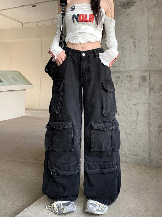Trashy Y2K 2000S Streetwear Washed Black Baggy Jeans Cargo Pants For Women - APEX RITUAL women's jeans