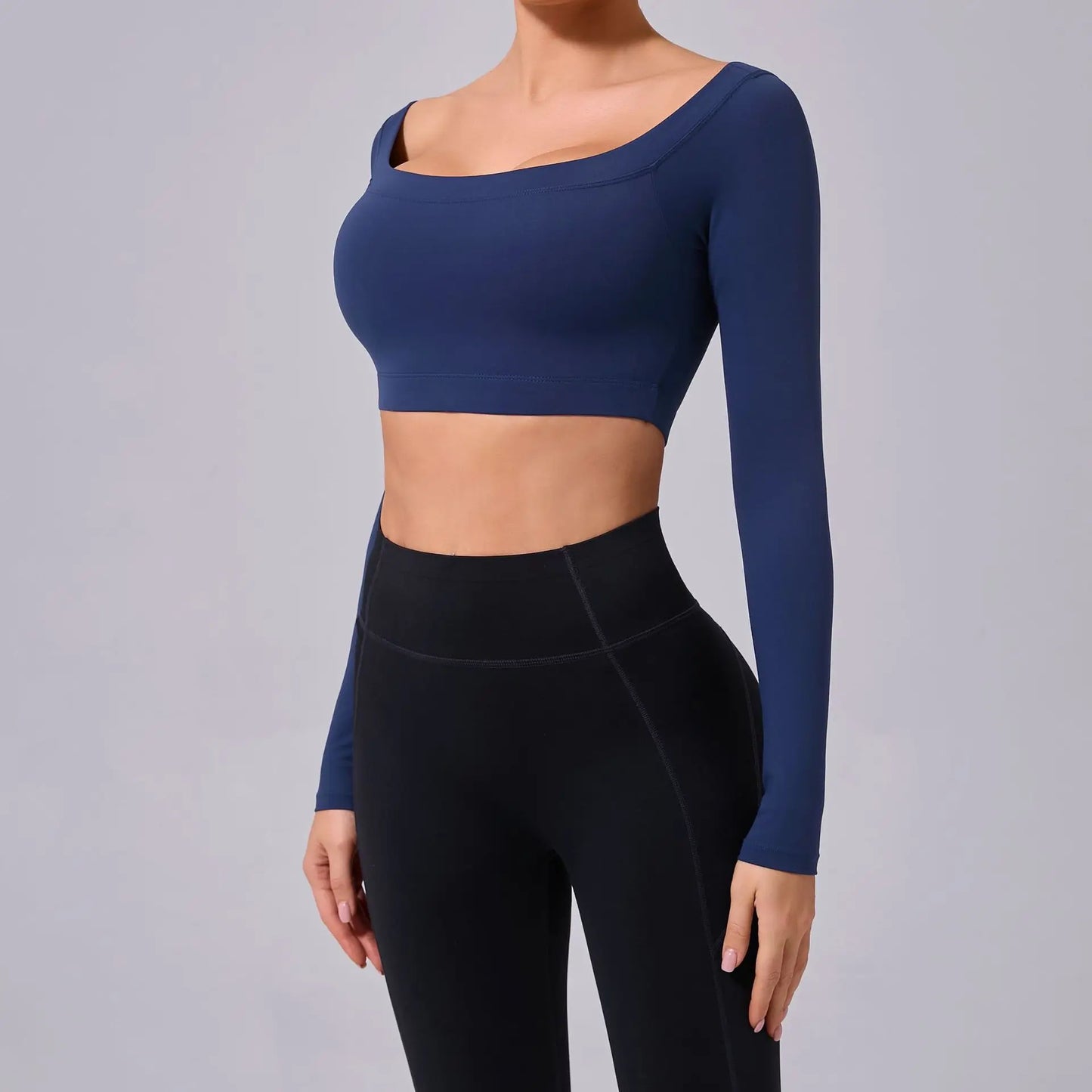 Fashion Long Sleeve Slash Neck Sports Top Women Crop Top for Fitness Yoga Wear Fashion Sports Short T-shirt Gym Workout Shirt