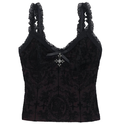 Mall Gothic Spaghetti Strap Tanks Top Hot Sexy V-neck Lace Patchwork Camisole Basic Slim Vests Summer Techwear Women