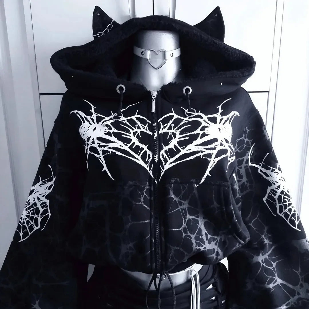Womens Black Spider Web Print Gothic Style Zip Up Cropped Long Sleeve Hoodie Streetwear Avant Garde Edgy Design Urban Clothing