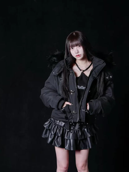 Subculture Gothic Dark Black Shorts Parkas Winter New 2025 Girls' Sweet Cool Fashion Punk Style Metal Button Hooded Coat Jacket