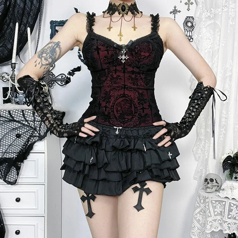 Mall Gothic Spaghetti Strap Tanks Top Hot Sexy V-neck Lace Patchwork Camisole Basic Slim Vests Summer Techwear Women