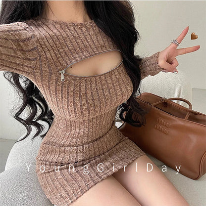Women's Hollow-Zip Knit Mini Dress
