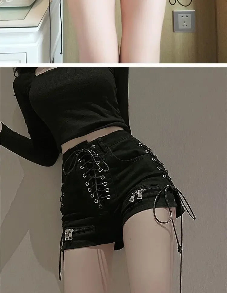2024 New Bandage Sexy Denim Shorts Women Streetwear Gothic Jeans Mini High Waist Lace Up Casual Zip Black Goth Club Fashion