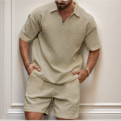 New men's casual, fashionable and comfortable waffle checkered letter lapel sportswear set, spring and summer two-piece set