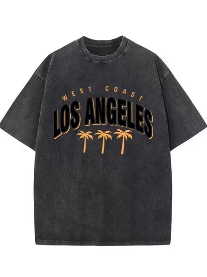 Vintage Washed Los Angeles Arch Letter Graphic T-Shirt, Retro USA City Casual Washed Black Crew Neck Short Sleeve Women's Top
