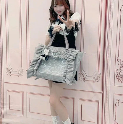 Japanese Style Mine Bags Women Ruffled Lace Lolita Girls Rhienstone Pearl Bowknot Square Tote Shoulder Portable Bolso Handbags