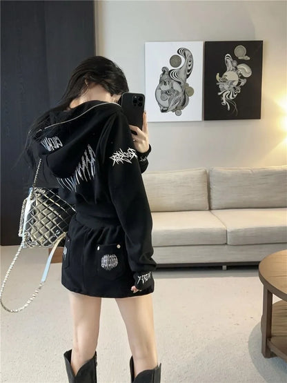 Dark Style Short Letter Sweatshirt And  Skirt Set for Women Trendy Streetwear Autumn Collection Long Sleeve Casual Sports...