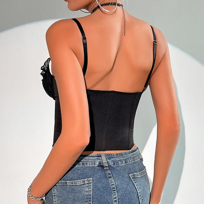 SSexy V Neck Y2K Crop Tops Lace Patchwork Pleated Bowknot Corset Top Sexy Backless Slim Camisole Body Shape Fishbone Bustier