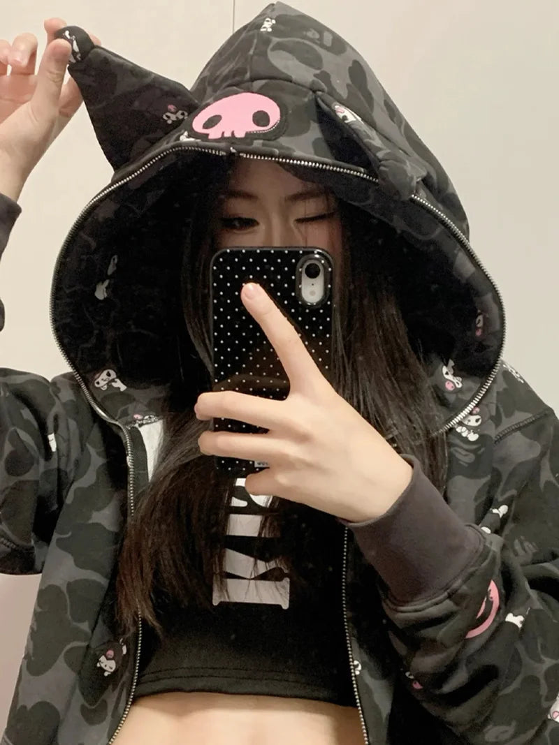 In  Stock  Anime Hello Kittys Hooded Jacket Girl Commuting Coat Jacket Kuromi Anime 3d Ears Hooded Cute Leopard Print Clothes