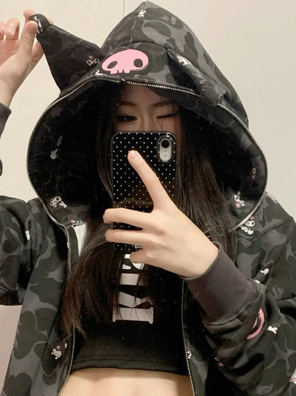In  Stock  Anime Hello Kittys Hooded Jacket Girl Commuting Coat Jacket Kuromi Anime 3d Ears Hooded Cute Leopard Print Clothes