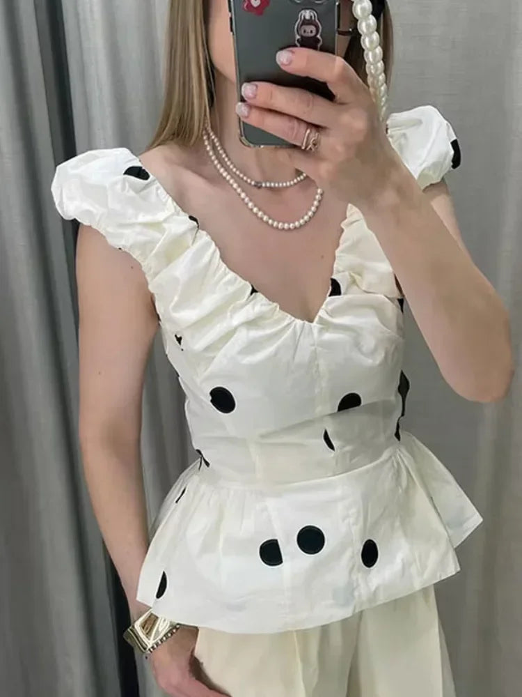 Vintage Polka Dot Backless Tank Tops Sexy Summer Street Chic Slim Deep V Neck Vest Casual Ruffles Sleeveless Tops Woman 2026
