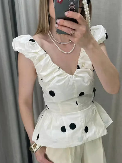 Vintage Polka Dot Backless Tank Tops Sexy Summer Street Chic Slim Deep V Neck Vest Casual Ruffles Sleeveless Tops Woman 2026