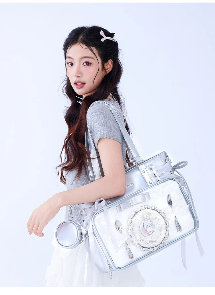 Japanese New Girls Silver Shoulder Bag Large Capacity Ribbon Itabag Student Women's Satin Messenger Bag Leather Backpacks