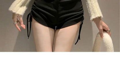 XS-5XL Shorts Women Black Wide-leg High Waist Shirring Lace-up All-match Streetwear Korean Fashion Summer Female Casual Y2k Chic