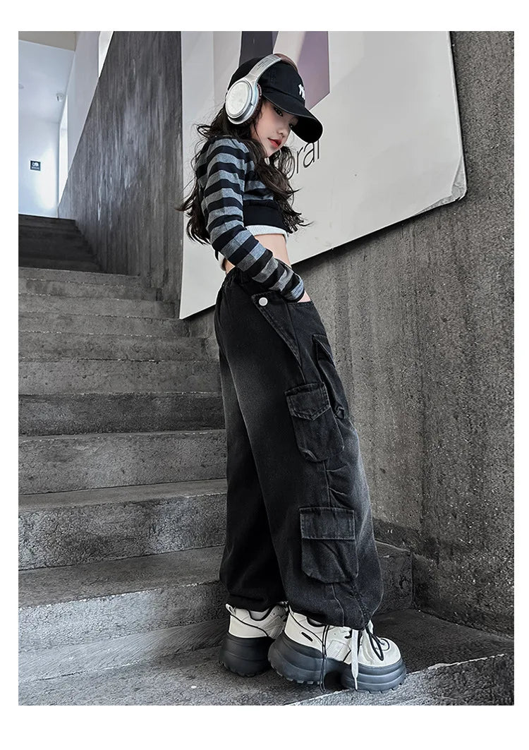 Cargo Jeans for Girls 2026 Spring Loose Casual Elastic Waist Teenage Children Wide Leg Pants Design Streetwear Kids Trousers