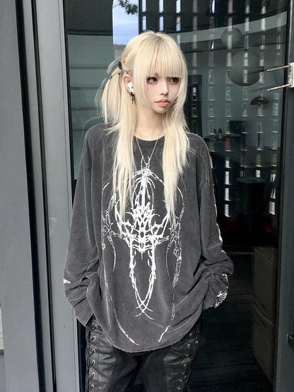 Women Grey Torn T-shirt Harajuku Korean Y2k Tees Top Vintage 90s Aesthetic Long Sleeve T-shirt 2000s Trashy Fashion Clothes