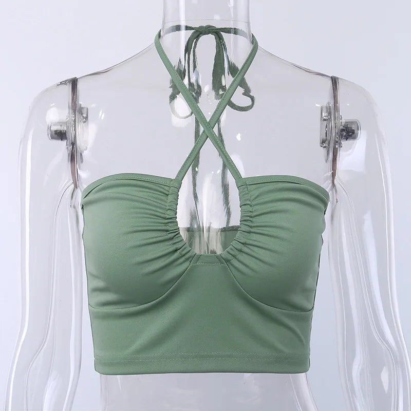 Women's Ruched V-Neck Halter Crop Top