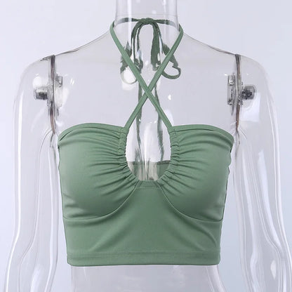 Women's Ruched V-Neck Halter Crop Top