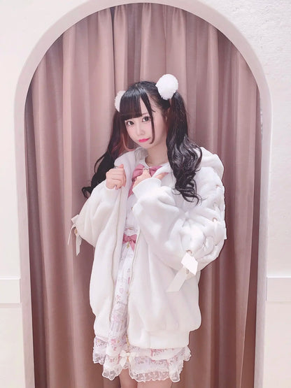 High Quality Japanese Winter New Sweet Cute Mine Cute Rabbit Ear Plush Cotton Coat Jacket Girl Lolita Fur Coats Women Parkas