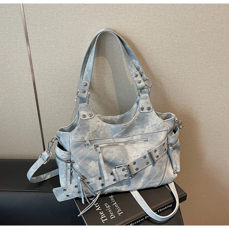 Fashionable Large Capacity Rivet Street Style Women's Tote Bag Shoulder Crossbody Bag Durable Polyester  Commuter Bag