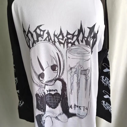 Kimutomo T Shirts Women Cartoon Printed Long Sleeve Loose Fashion Punk Style Grunge Gothic Y2k Aesthetic Harajuku Tops Ladies