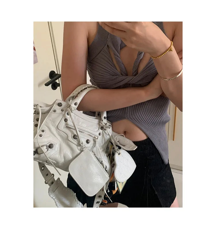 Neo Motorcycle Bag Handheld Rivet Head Layered Oil Wax Cowhide Crossbody Women's Bag Cool And Spicy Girl Retro Style Tote Bag