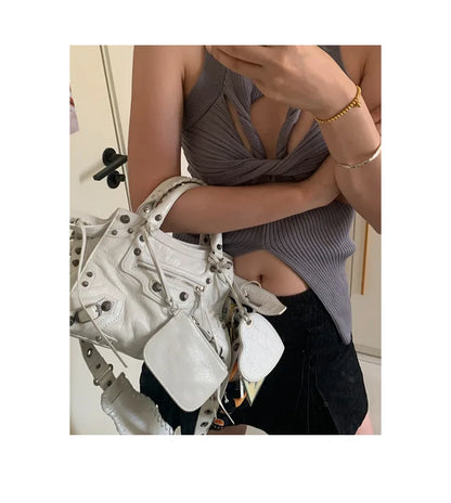 Neo Motorcycle Bag Handheld Rivet Head Layered Oil Wax Cowhide Crossbody Women's Bag Cool And Spicy Girl Retro Style Tote Bag