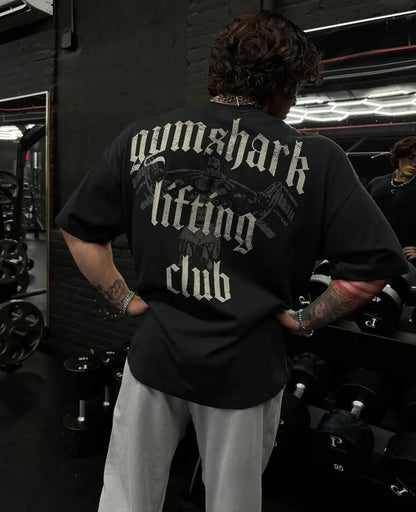 GYM American Fitness Training Suit Summer Sports Cotton Short Sleeve T-shirt Men Loose Fashion Print Shark